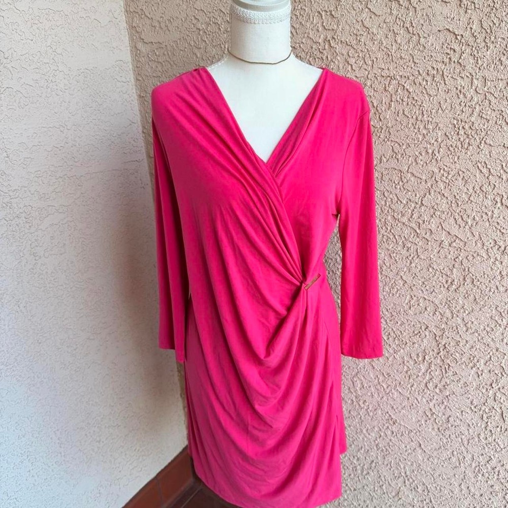 Hot pink wrap dress with gold accent
